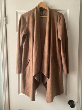 HYFVE Tan Faux Suede Draped Open-Front Trench Coatigan